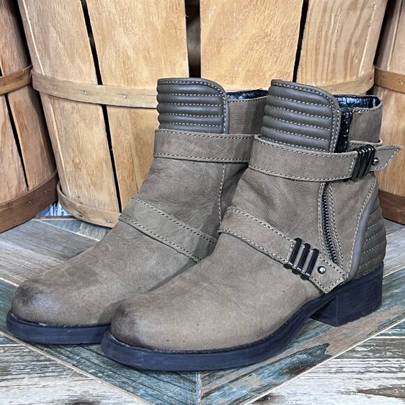 Circus by Sam Edelman Gia Taupe Olive Leather Chunky Heel Moto Boot Women Size 8 - Picture 3 of 12